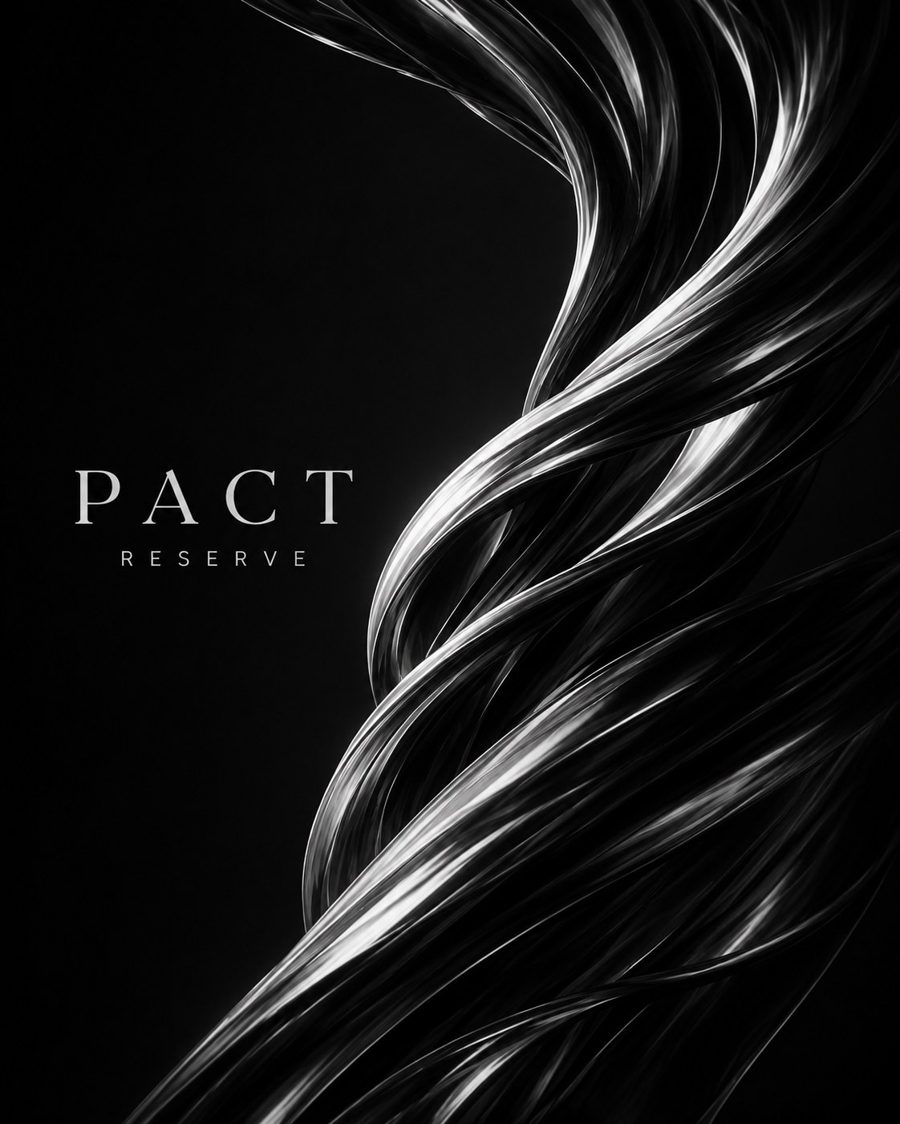 PACT RESERVE wordmark set beside an abstract flowing metallic ribbon in monochrome